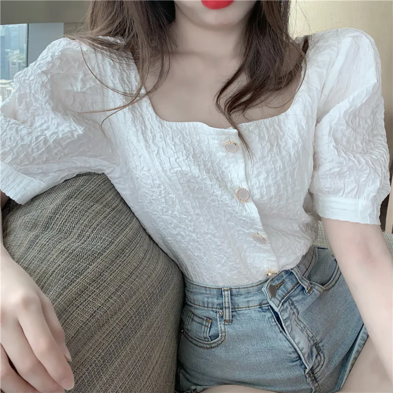 

COIGARSAM Fashion Shirt Womens tops New French Style Puff Sleeve Pleated Square Collar Women shirts Blue White 136