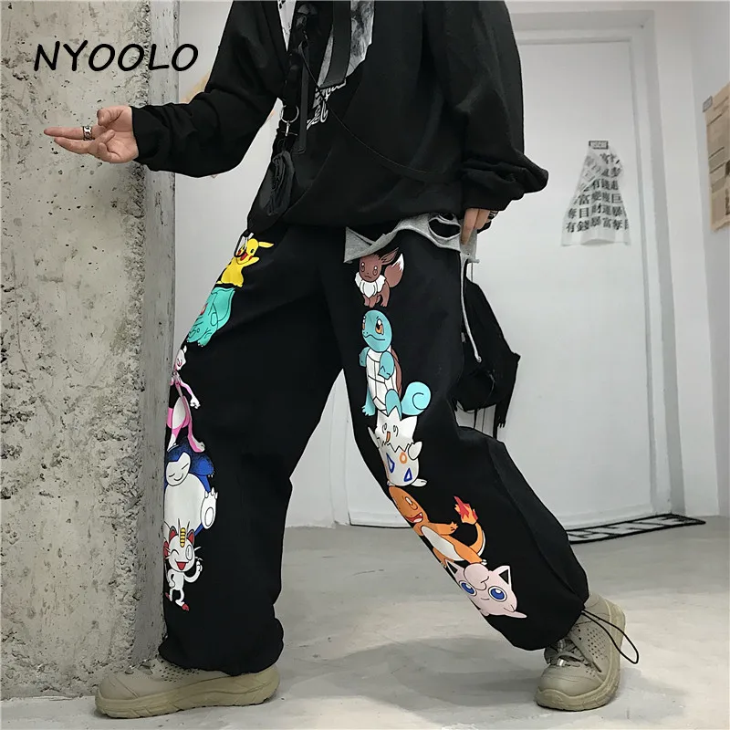 NYOOLO, винтажные уличные штаны для бега с рисунком животных, повседневные свободные штаны с эластичной резинкой на талии, Длинные хлопковые прямые штаны для женщин и мужчин