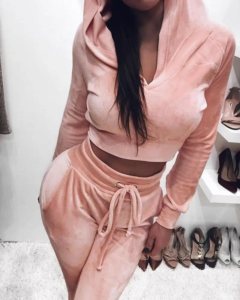 

Two Piece Set Women Solid Long Sleeve Hoodies and Drawstring Sweatpants Tracksuit Spring Streetwear Velvet Two Piece Suits