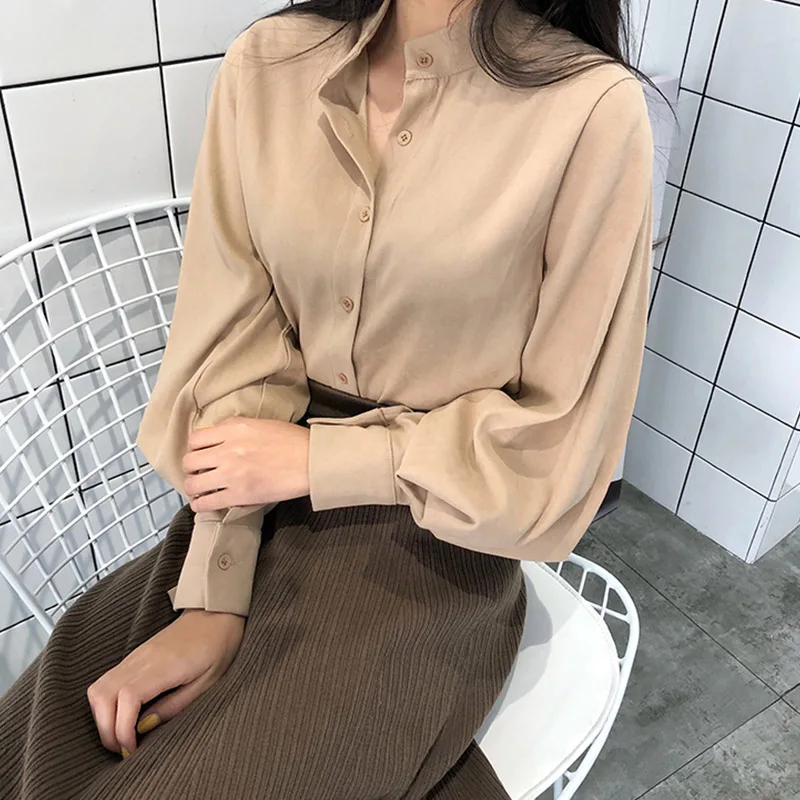 2019 зимняя женская Повседневная Блузка Корейская Осенняя модная Однотонная