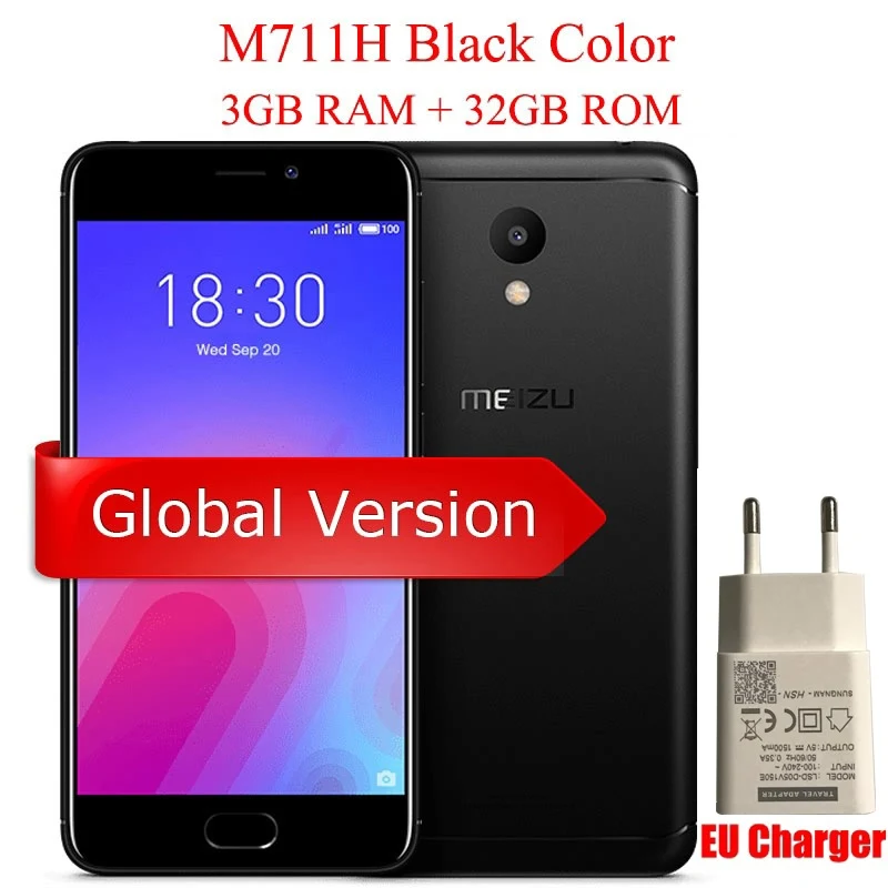 EU Black 3G 32G Meizu M6, глобальная версия, 2 ГБ, 16 ГБ, четыре ядра, MTK6750, мобильный телефон, 5,2 дюймов, HD, 13,0 МП, задняя камера, 3070 мАч, отпечаток пальца ID - Цвет: EU Black 3G 32G