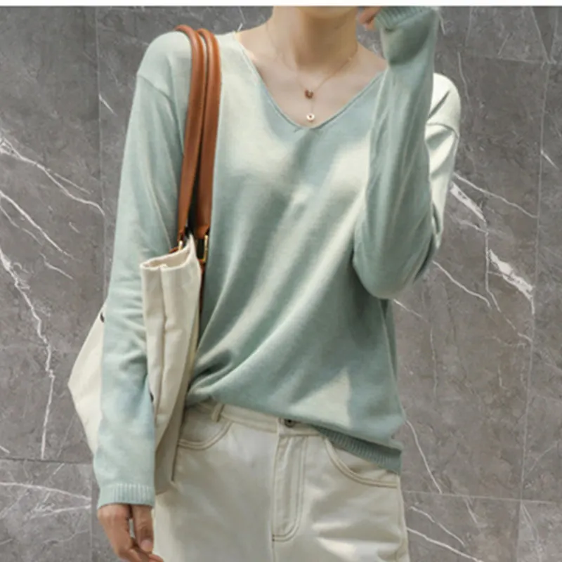 

Women Casual Autumn Oversized Solid Sweater V-neck Knitted Basic Pullovers Loose Soft Long Sleeve Female Knitwear Jumper