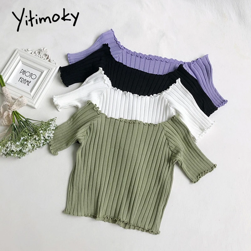 

Yitimoky Knitted Woman Tshirts Summer 2021 Casual New Korean Fashion Strapless Short Sleeve Slash Neck Crop Tops White Green