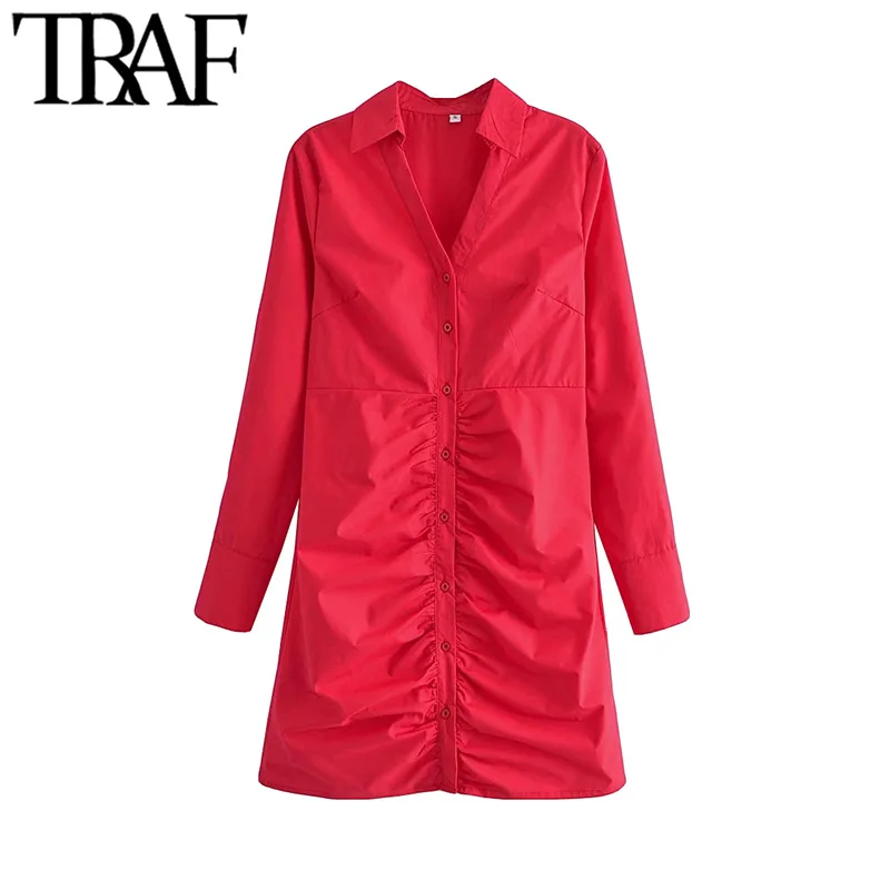 

TRAF Women Chic Fashion Pleated Fitted Mini Dress Vintage Long Sleeve Button-up Female Dresses Vestidos Mujer
