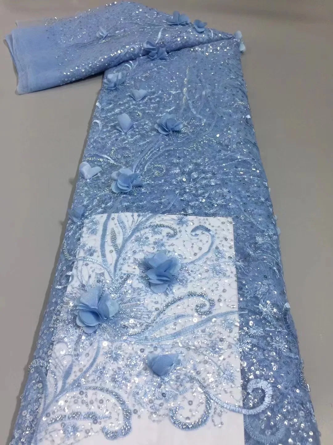 

Sky blue Handmand Beaded Tulle Lace 3d flowers Fabric African Lace Fabric for Nigerian Party High Quality French Net Lace Fabric