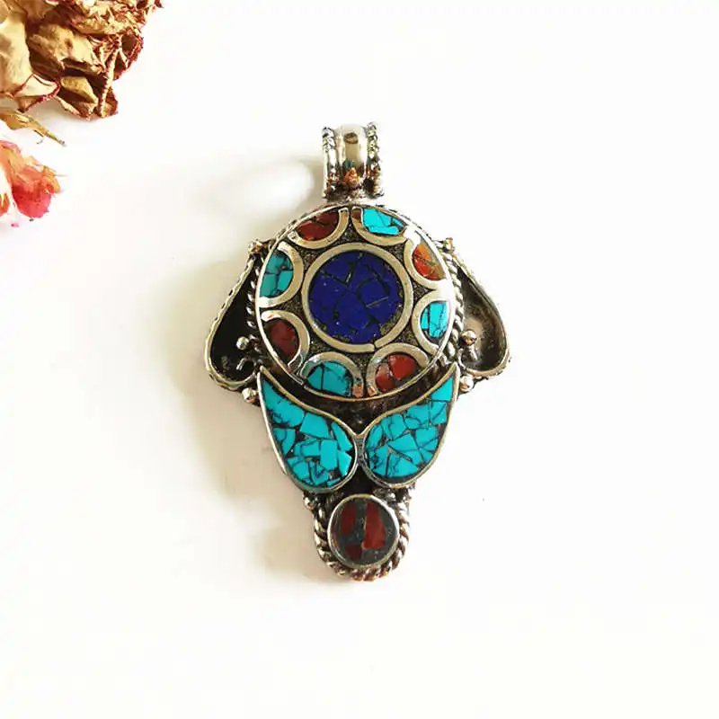 Тибетские Ювелирные изделия Медная Инкрустация Красочные камни подвески TBP538|hum