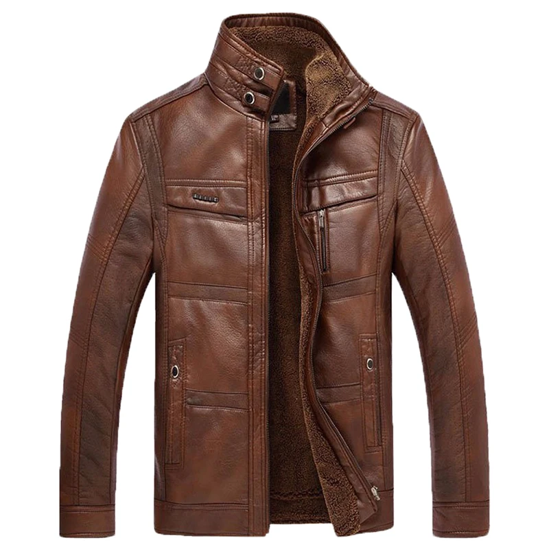

QSuper Autumn&Winter Men Leather Jacket Old-School Slim Windbreak Men's PU Coats Fleece Wear Male Brand Clothing US Size