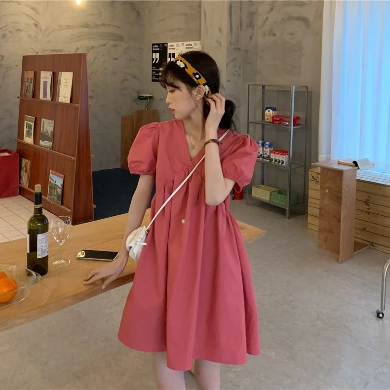 

Puff Short Sleeve Solid Color and V-neck Dress Female Small Student Sweet First Love A- line Girl's Dress 2021summer Dress