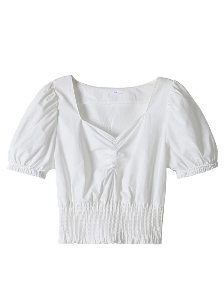 

White French puff sleeve top v-neck short bottoming shirt blouse short sleeve 2021 summer new style