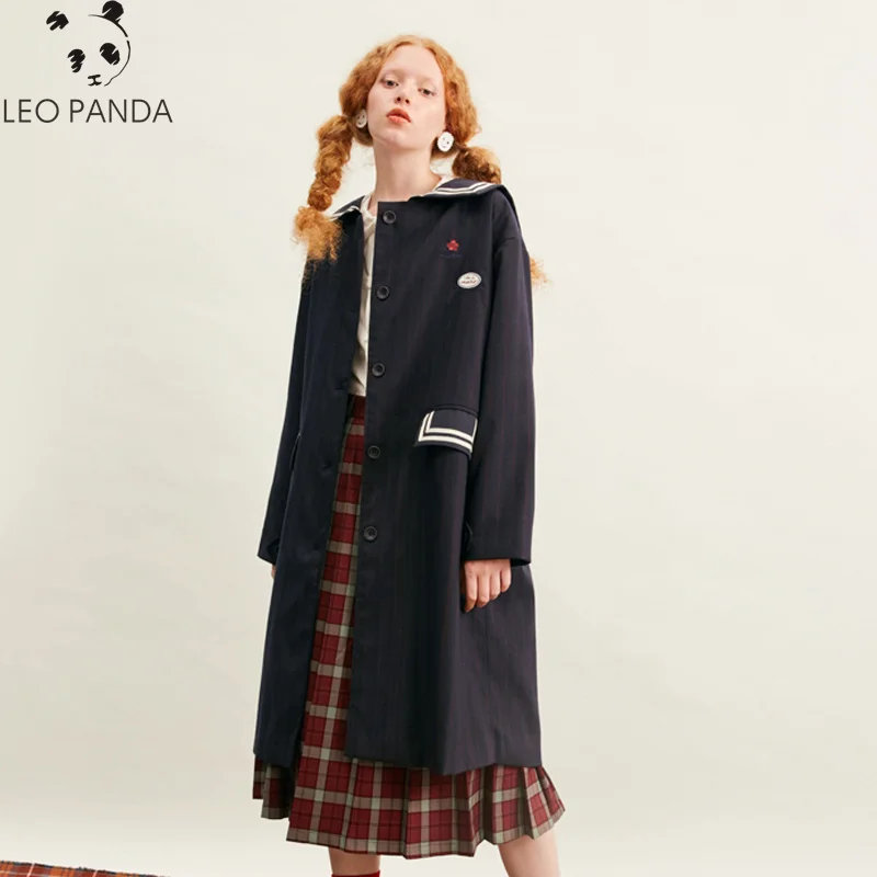 Женская Повседневная ветровка с матросским воротником темно-синий плащ в