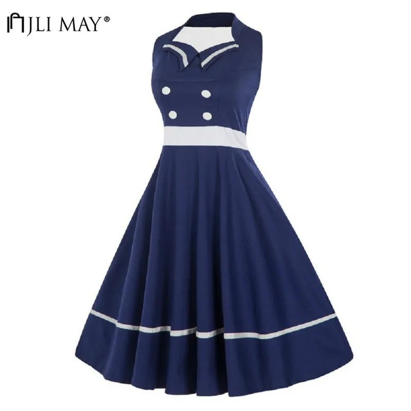 JLI MAY винтажное однотонное летнее платье в темно-синюю полоску пэчворк элегантное