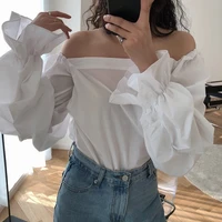 women summer puff sleeve solid color streetwear loose casual t shirt female fashion all match new sexy slash neck top ladies tee