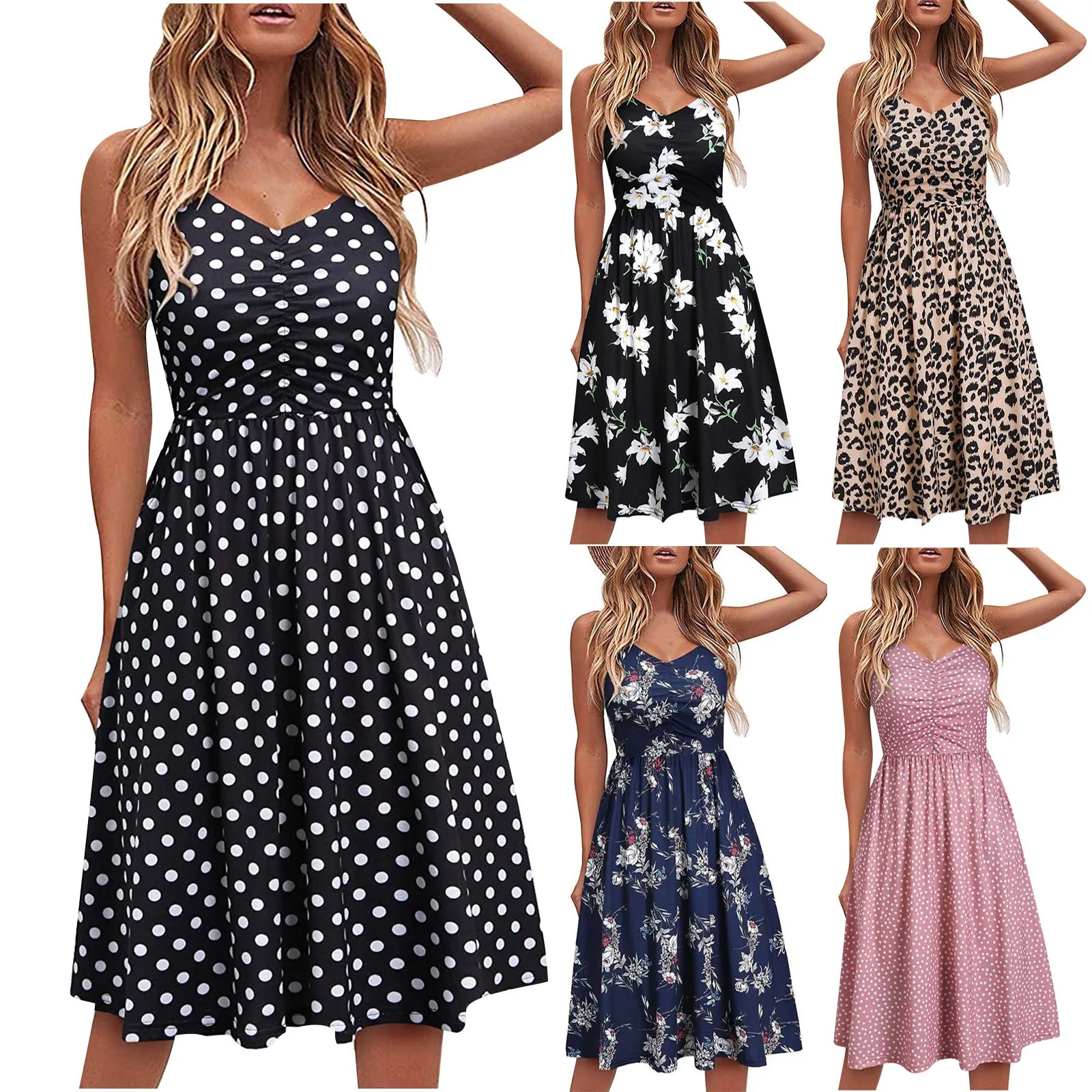 

Summer Casual Women's 2021 Sexy V-Neck Leopard Sling Dress Fashion Female Flower Print Beach Party Dresses Sleeveless Backless