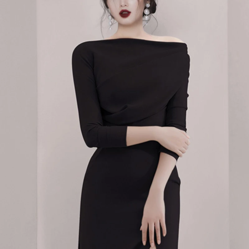 Max Spri Slash Neck Slim Split Women 2 Piece Sets New Fashion Long Sleeves Office Lady Skirt Suits Black Red