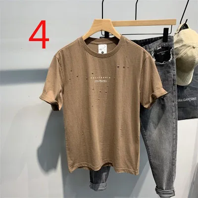 

Summer striped men's ribbon ice silk T-shirt thin section round neck social tide brand knitted half sleeve