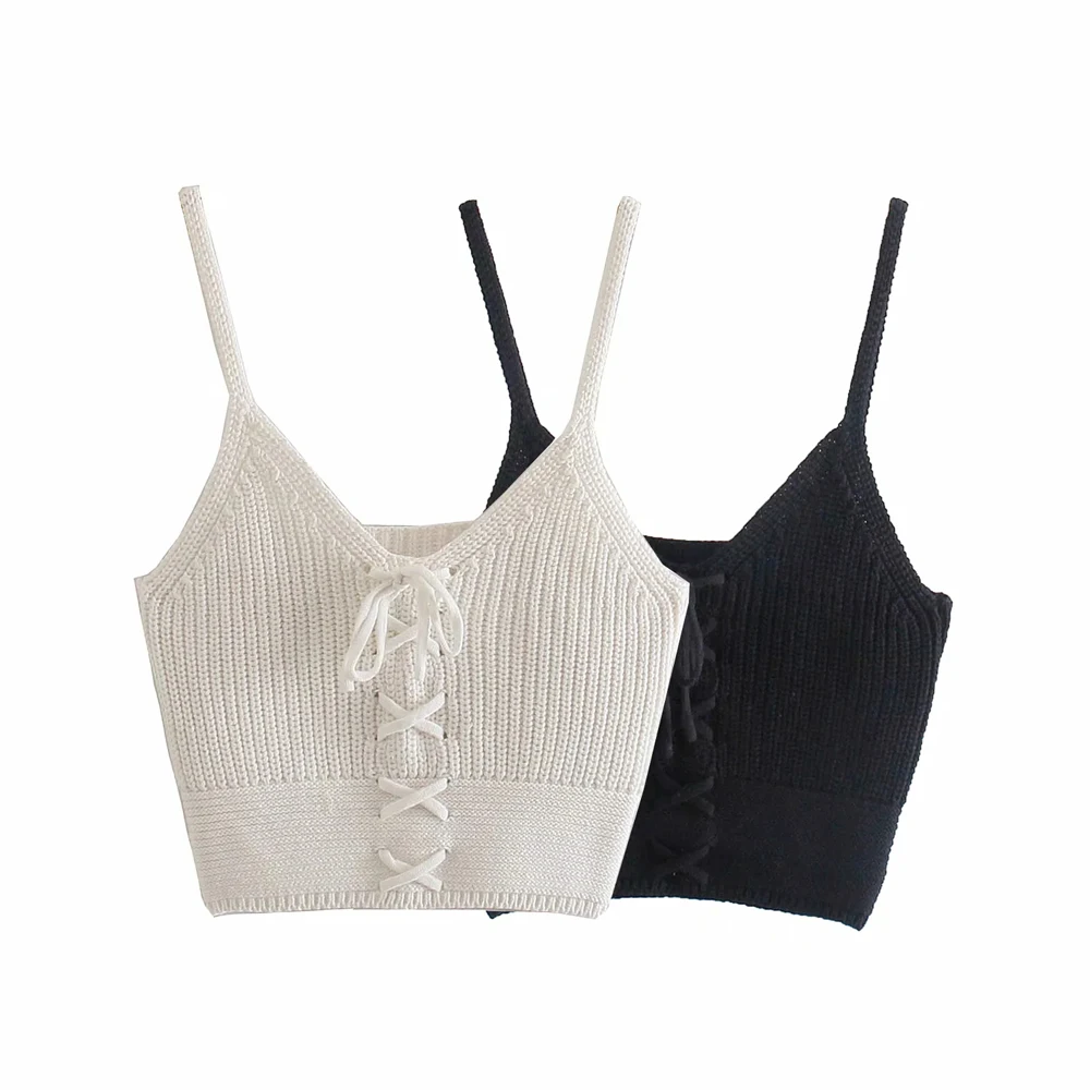 

women Drawstring Hollow Out Knit Sling Tops Sexy v neck Slim Camisole Club Navel exposed Sweater Short Tank top Lady Mini vest