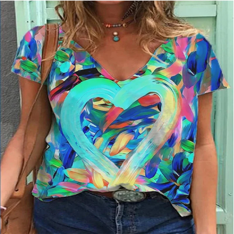 

2021 Summer V Neck Love Heart Painting Women T-Shirts Romantic Valentine's Day Casual Short Sleeve Art Print Pullover Loose Tops