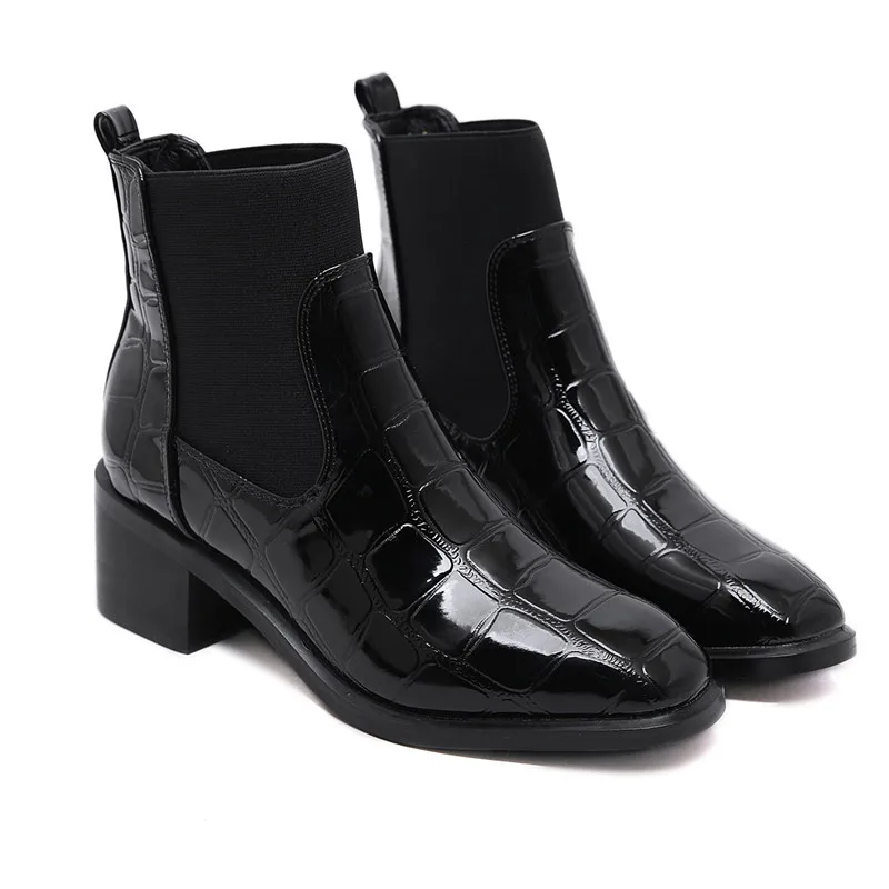 

Hjwsfdcai Crocodile Pattern Women Ankle Boots Ladies Round Toe Chunky Heel Chelsea Boots Stretch Fabric Sexy Slip On Mujer Shoes