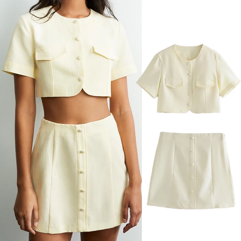 

Matching Set Blazer And Skirts Women 2021Za Summer England Style Navel Exposed Short Empire Blazer Two Piece Set A version