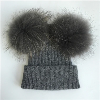 Dark grey match fur Женская зимняя модная меховая шапка с помпоном для девочек, Вязаная Шапка-бини для взрослых, вязаная шерстяная шапка с двумя помпонами - Цвет: Dark grey match fur