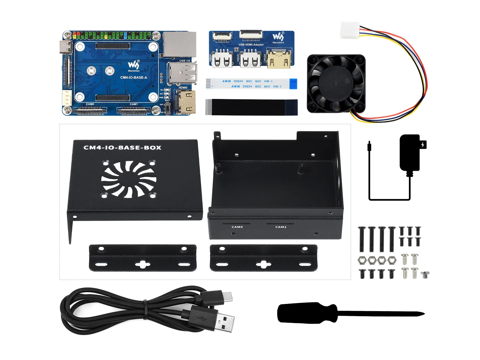 CM4-IO-BASE-Acce D,CM4-IO-BASE-BOX-B + USB HDMI Adapter, For Raspberry Pi Compute Module 4