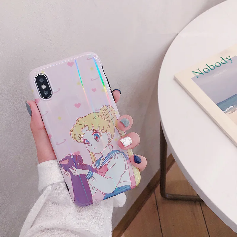 B Кавайный японский аниме Сейлор Мун Луна кошка чехол для телефона для iPhone 6 6 Puls 6S 7 8 Puls X Blu-Ray лазер силиконовый мягкий чехол - Цвет: B