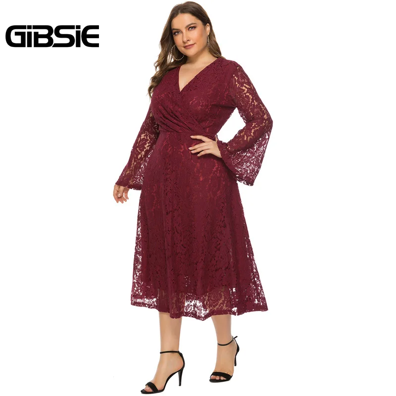 Женское длинное кружевное платье GIBSIE Бордовое с запахом и v образным вырезом