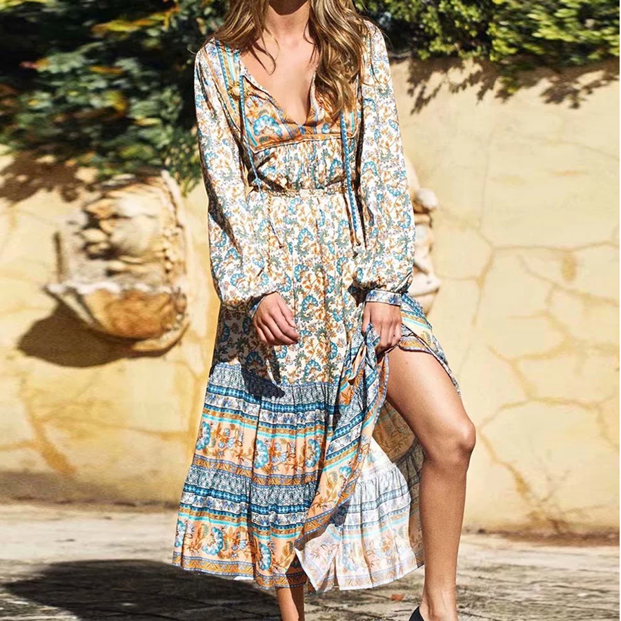 Красное богемное платье TEELYNN с цветочным принтом длинное v образным вырезом и