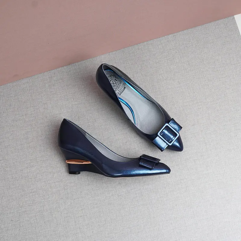 

Elegant genuine Leather Shoes For Women Shallow Concise Pointed Toe Wedged High Heels Pumps Autumn Wedding Shoes Woman