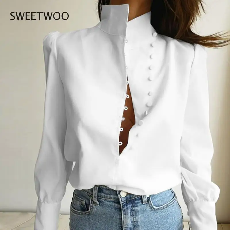 

Long Sleeve Shirt Women White Blouse Top Fashion Casual Tops for Women Summer 2021 Woman Pure Color Blouses Shirts Femme