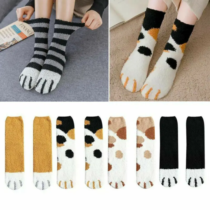 Женские зимние пушистые теплые носки тапочки Милые Носки с рисунком кота и лап