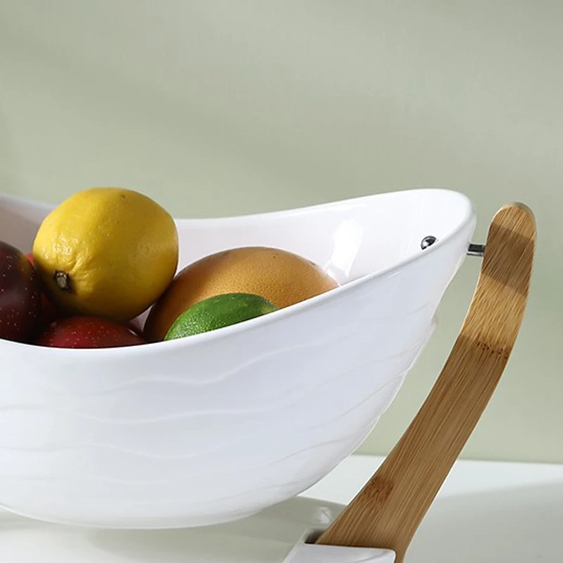 

Ceramic Fruit Bowl Wooden Frame Fruit Basket Stand Drain Fruit Plate for Kitchen Living Room Ornaments Home Decoration