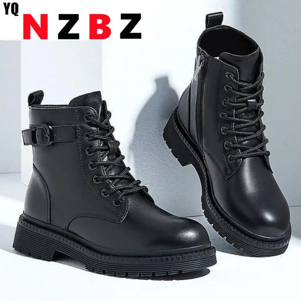 

2022 NEW Mode Herfst Koe Lederen Schoenen Vrouwen Lace Up Platform Motorfiets Booties Vrouwelijke Enkellaars