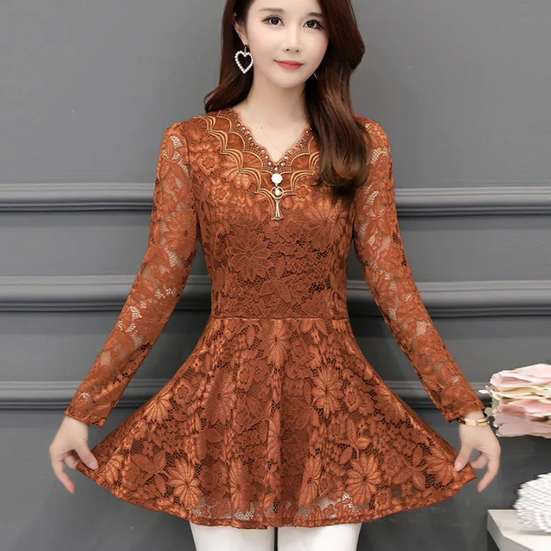 2121 осеннее платье с длинными рукавами кружевное v образной горловиной Женские