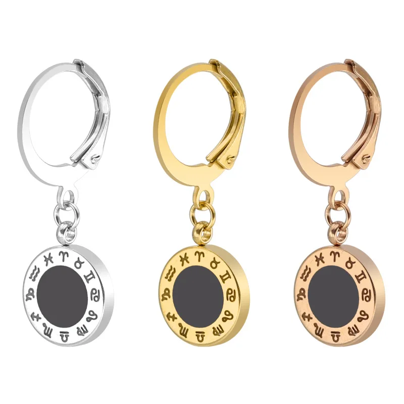 

Classic Black Enamel Zodiac Sign Dangle Hoop Earrings Stainless Steel Constellations Drop Earrings French Ear Clips for Women