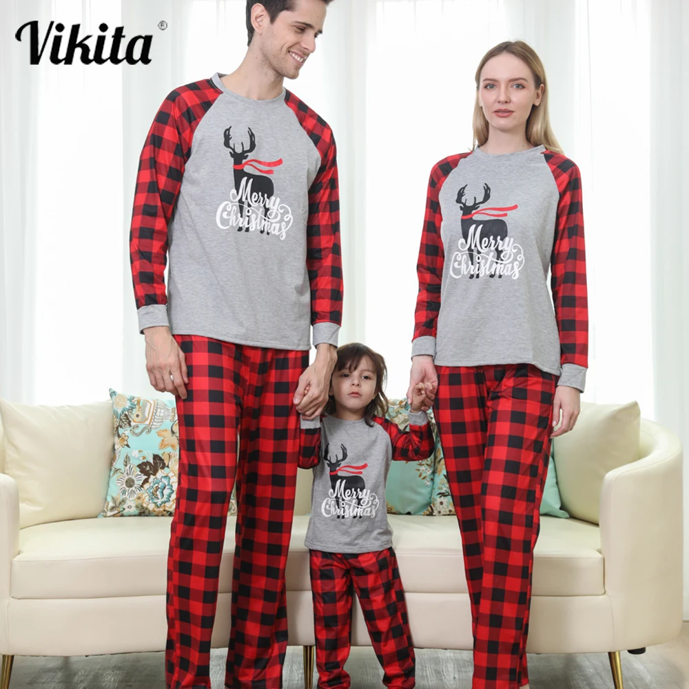 

VIKITA Family Matching for Christmas Father Mother Kids Baby Sleepwear Family Pajamas Suits Tops and Pants Cotton Clothes Sets