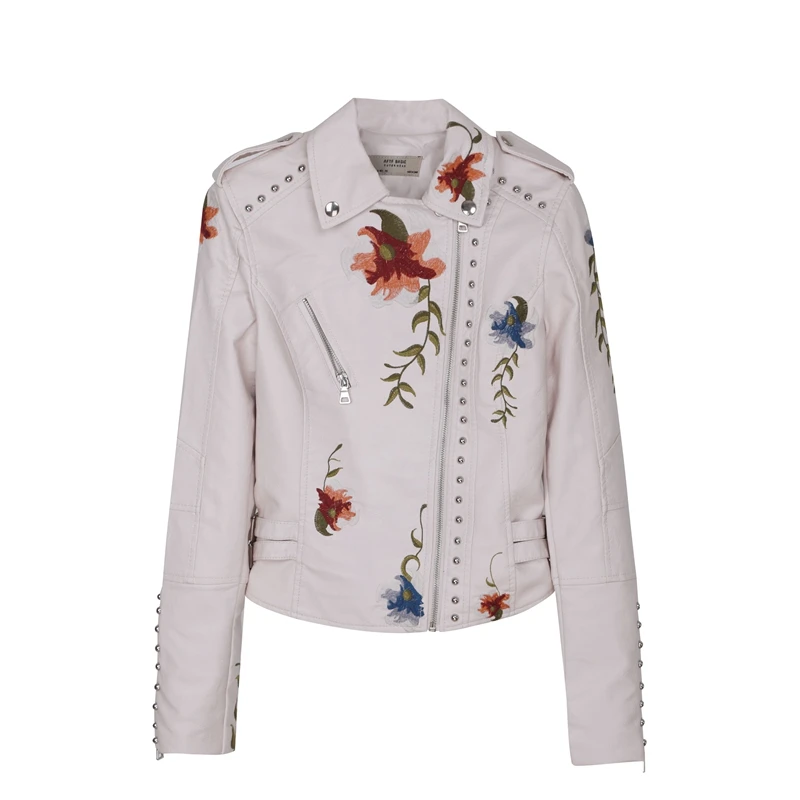 Женская байкерская куртка из искусственной кожи черная на молнии с цветочной
