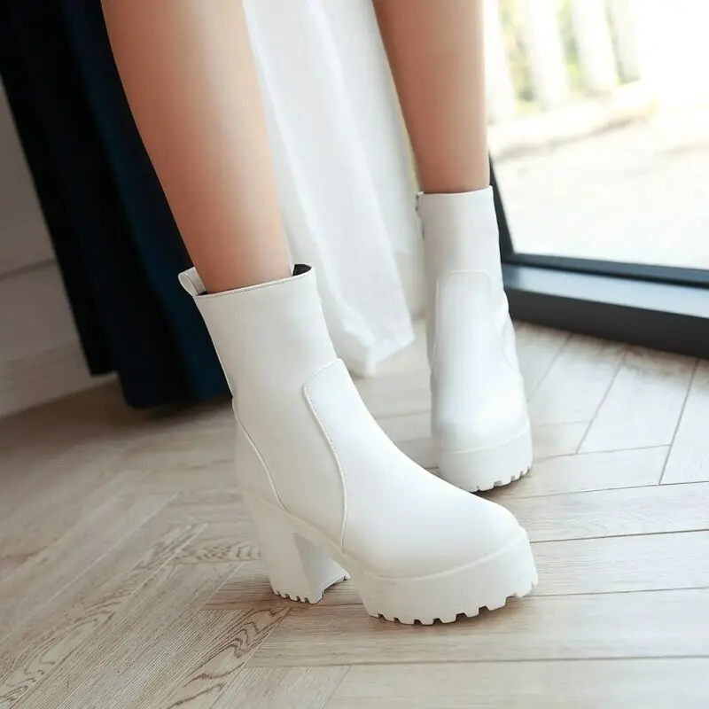 

HOT Womens Pu Shoes Riding Chunky HIgh Heels Round Toe High Top Ankle Boots
