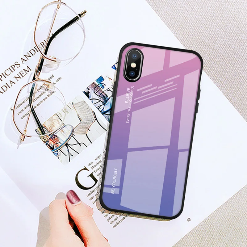 02 Цветной градиентный чехол из закаленного стекла для iPhone 7, 8 Plus, 6, 6 S, смартфон, полный Чехол, блестящий чехол для iPhone XR X XS Max - Цвет: 02
