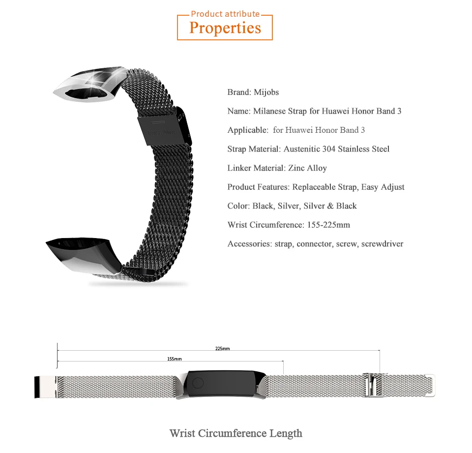 Mijobs металлический ремешок для huawei Honor 3 Band Milanese аксессуары из нержавеющей стали ремешок для часов для huawei Watch