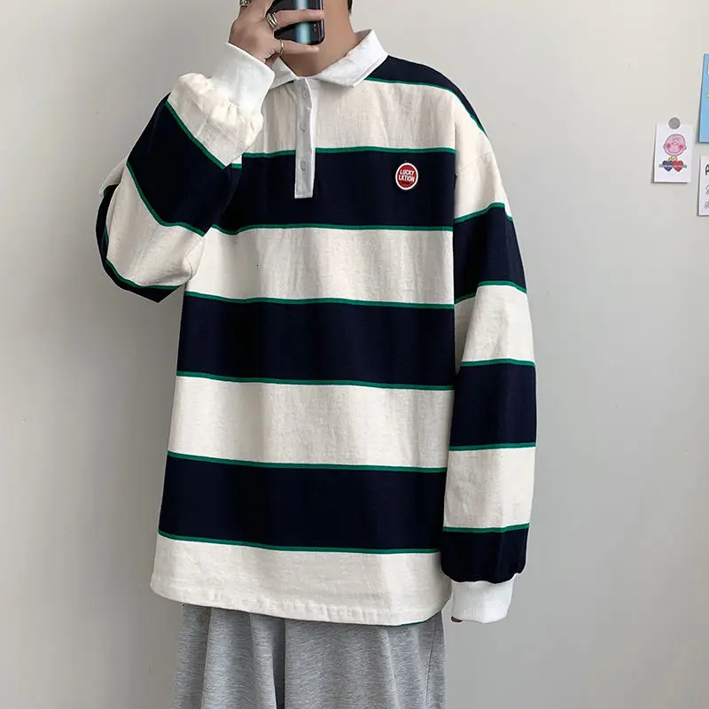 

2021 Spring The new listing Polo Couple Striped Shirt Loose Youth Student Style Lapel tops Free shipping Recommend