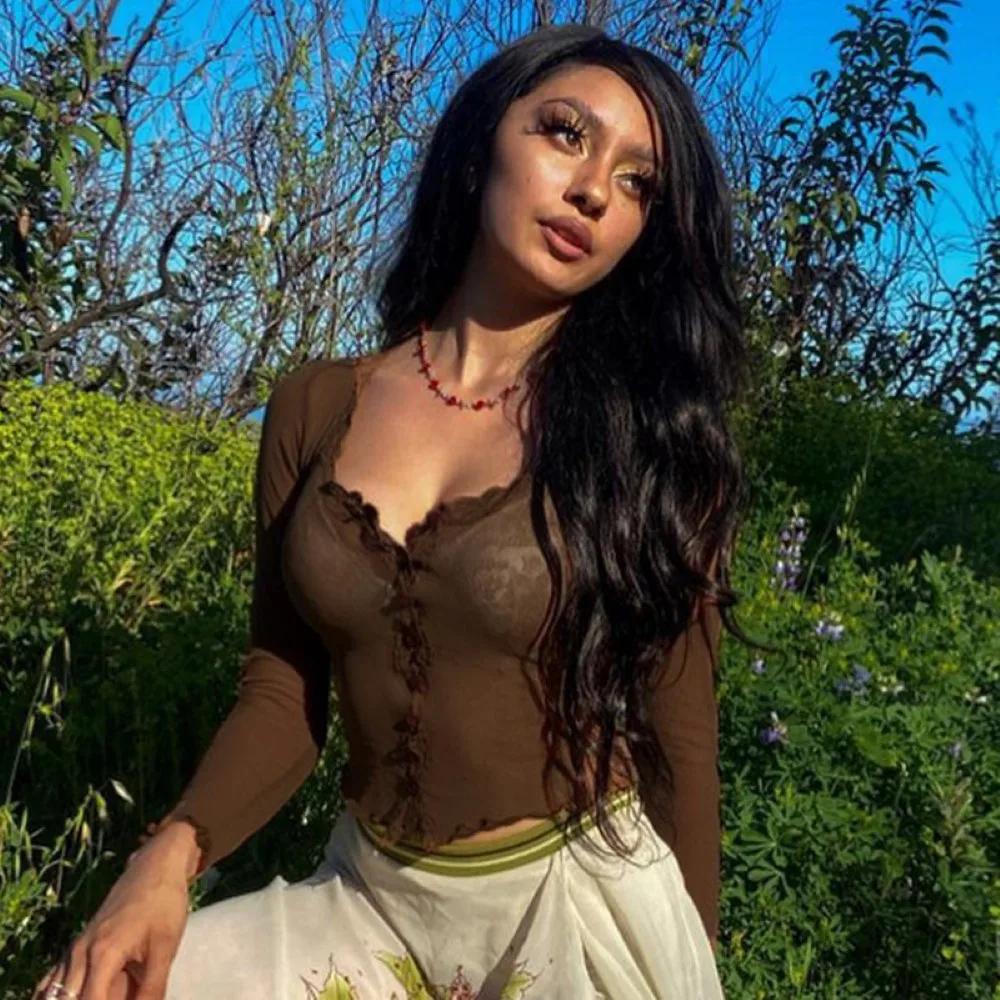 

Brown Mesh Transparent Sexy Crop Top T Shirt Women Autumn Long Sleeve T-shirt Ladies Button Up Party Club Tee Shirt