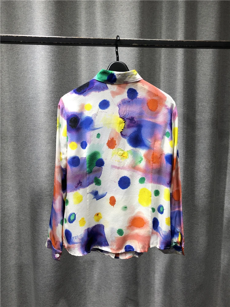 

Lapel Long Sleeve New Spring /Summer 2021 Colorful Dot Pattern Silkt Shirt Temperament Grace Tops