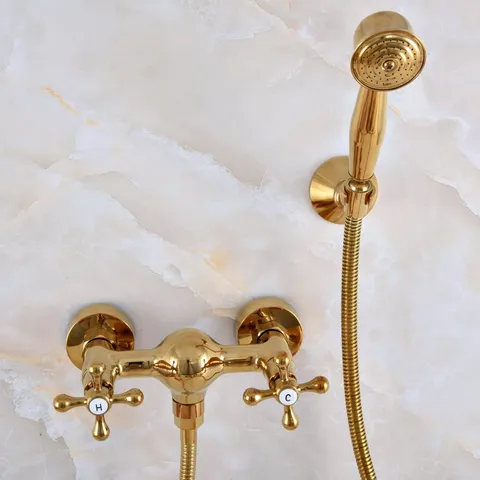 Роскошный полированный латунный Смеситель для ванной комнаты золотого цвета ручная Лейка для душа Набор смесителей кран с двойными перекрестными ручками mna968