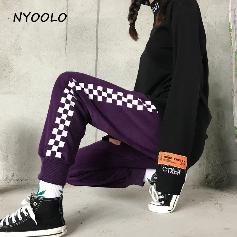 NYOOLO Harajuku уличная одежда в клетку с принтом хип-хоп штаны для бега осень зима эластичный пояс плюс бархатные теплые спортивные штаны для женщин и мужчин