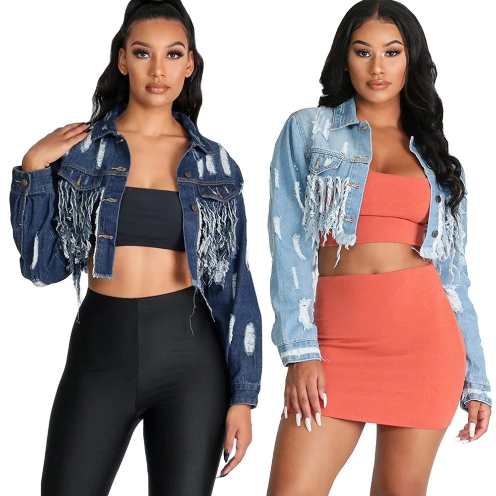 

Женская джинсовая куртка, короткая, рваная, с бахромой, с длинным рукавом