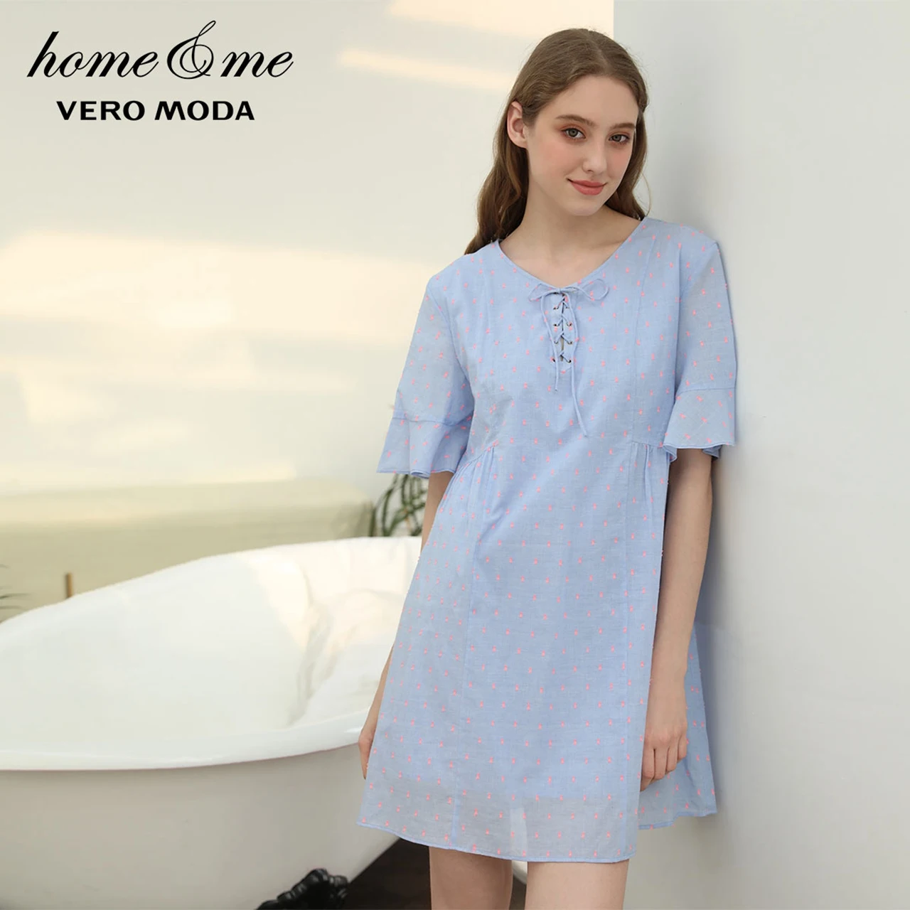 Vero Moda Новое поступление, плиссированное домашнее Ночное платье в горошек на шнуровке | 31926Z569 - Цвет: Soft blue