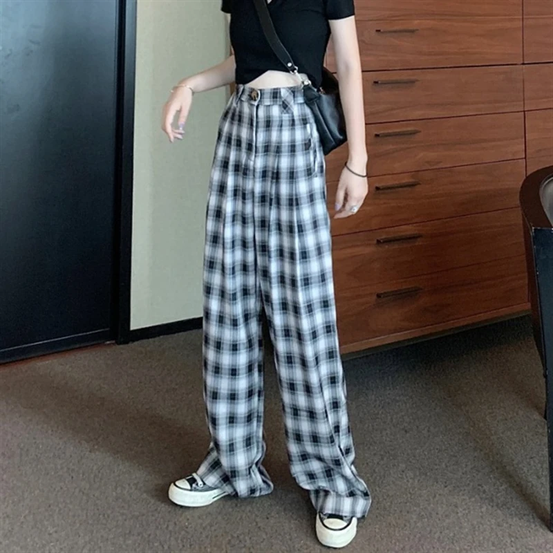 

GOOHOJIO 2020 Новые повседневные широкие брюки женские брюки винтажные клетчатые брюки с эластичной резинкой на талии женские брюки больших разм...