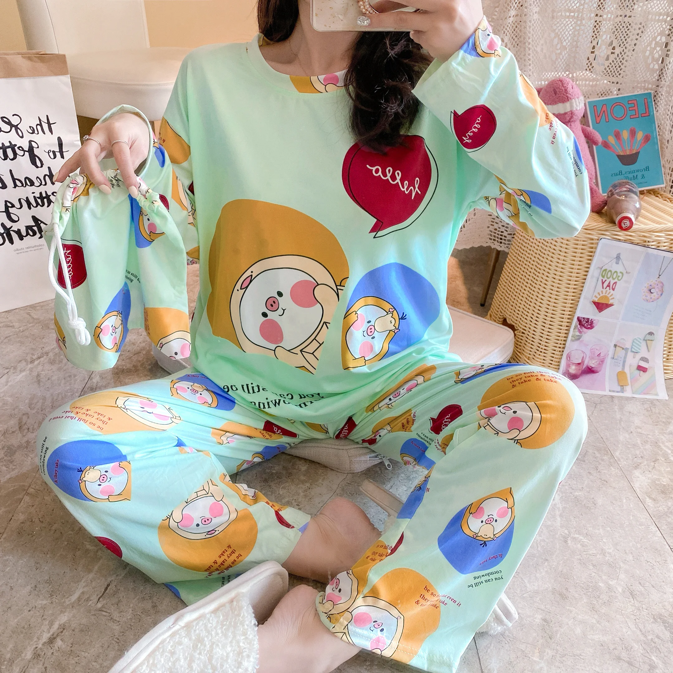 

Sprin Autumn Long Sleeve Thin Cartoon Print Cute Sleepwear 3PCS Set Girl Pijamas Mujer Leisure Homewear Young Women Pajamas Sets