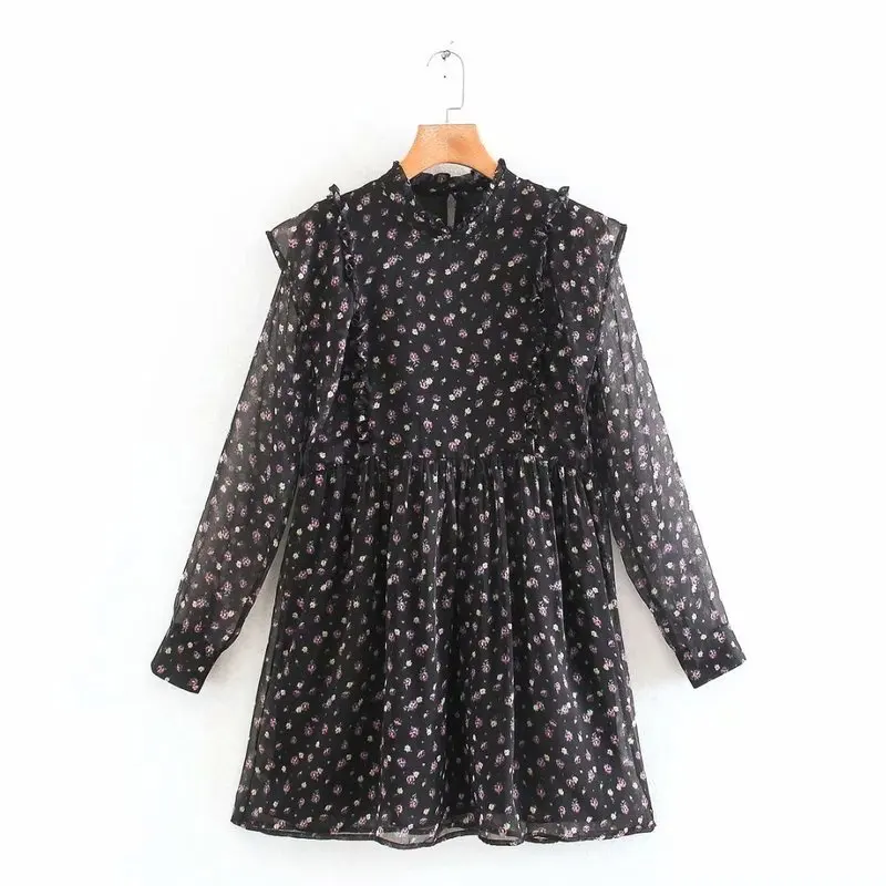 Женское Модное шифоновое цветочное мини платье с оборками и длинным рукавом